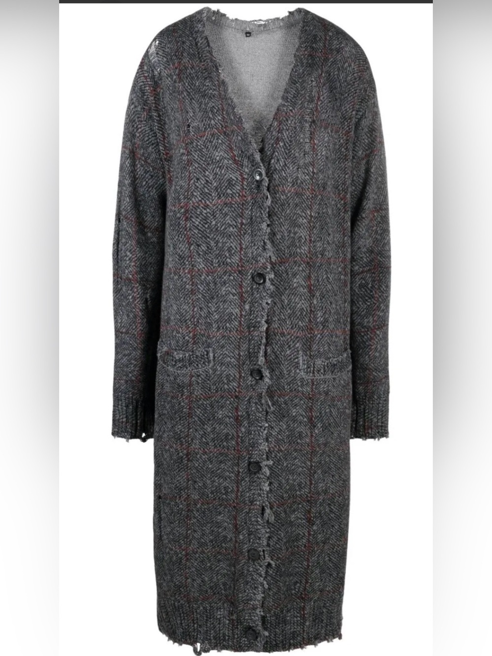 R13 Long Distressed Tweed Button Cardigan Gray w/Subtle Red Windowpane Sz XS